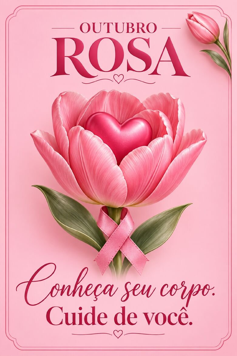 Cartão Outubro Rosa com flor rosa aberta, coração no centro e mensagem Conheça seu corpo, cuide de você